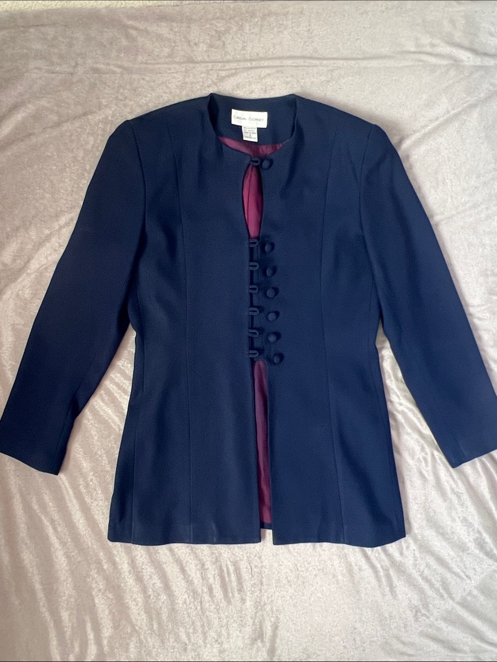 Navy Collarless Button-Front Jacket with Burgundy Lining